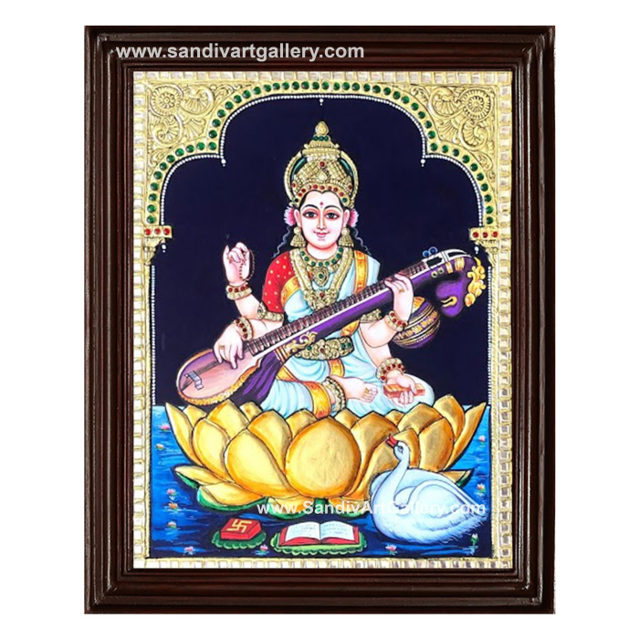 Saraswathi on Lotus Tanjore Painting 2