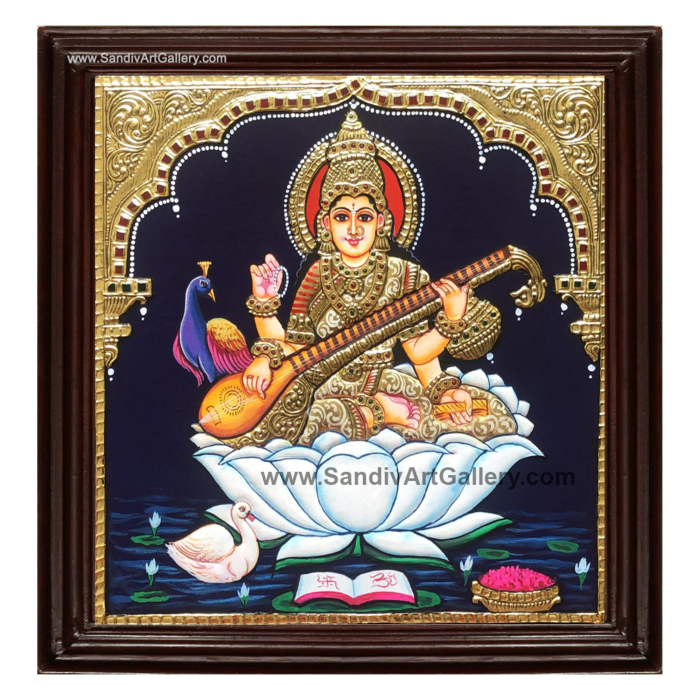 Saraswathi on Lotus Tanjore Painting 3