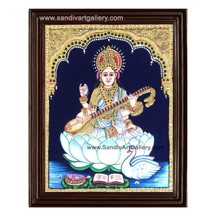 Saraswati on Lotus Tanjore Painting 1