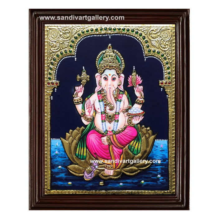 Ganesha on Lotus Tanjore Painting 1