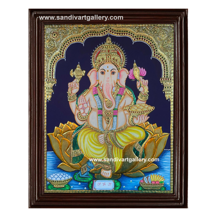 Lord Ganesha sitting on Lotus Tanjore Painting
