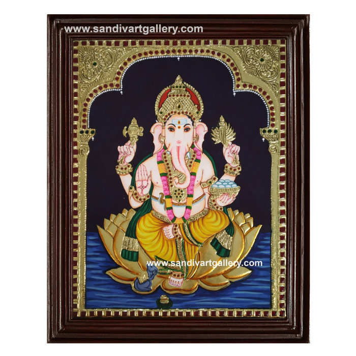 Ganesha on Lotus Tanjore Painting 2