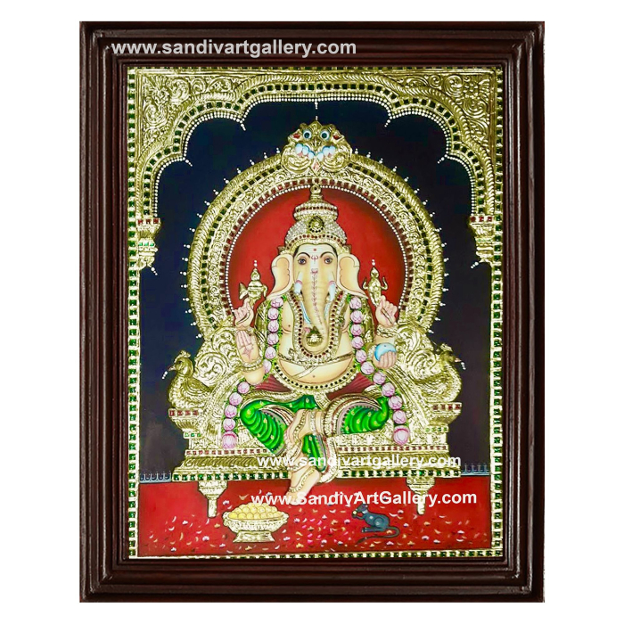 Ganesha on Lotus 3D Embossed Tanjore Painting