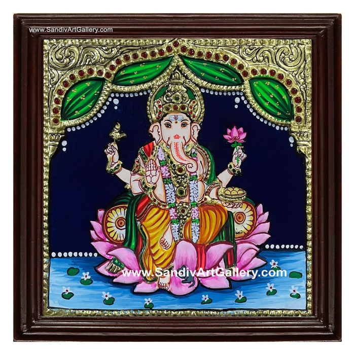 Ganesha on lotus Small Tanjore Painting