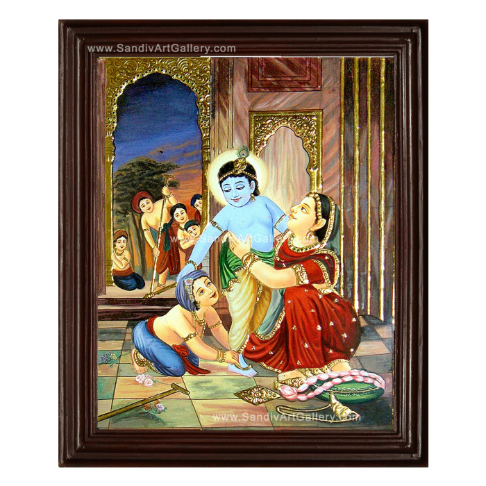 Krishna and Balram with Yasodha Tanjore Painting